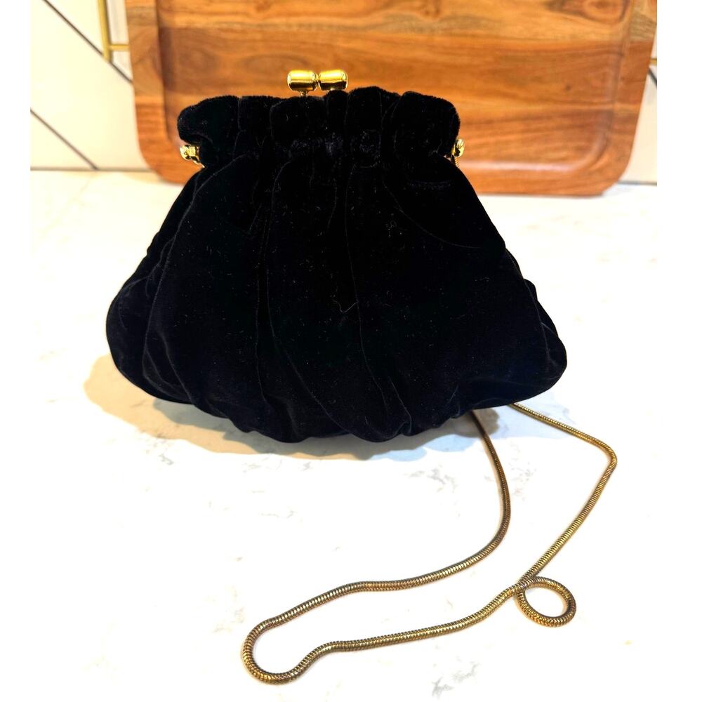 Vintage Partners Mervyns Black Velvet Hand Shoulder Bag gold accents glam